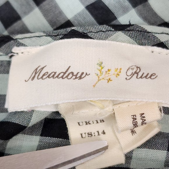 Meadow Rue Anthropologie Blouse 14 Black Gingham Check Button Front 3/4 Sleeve - Picture 3 of 4